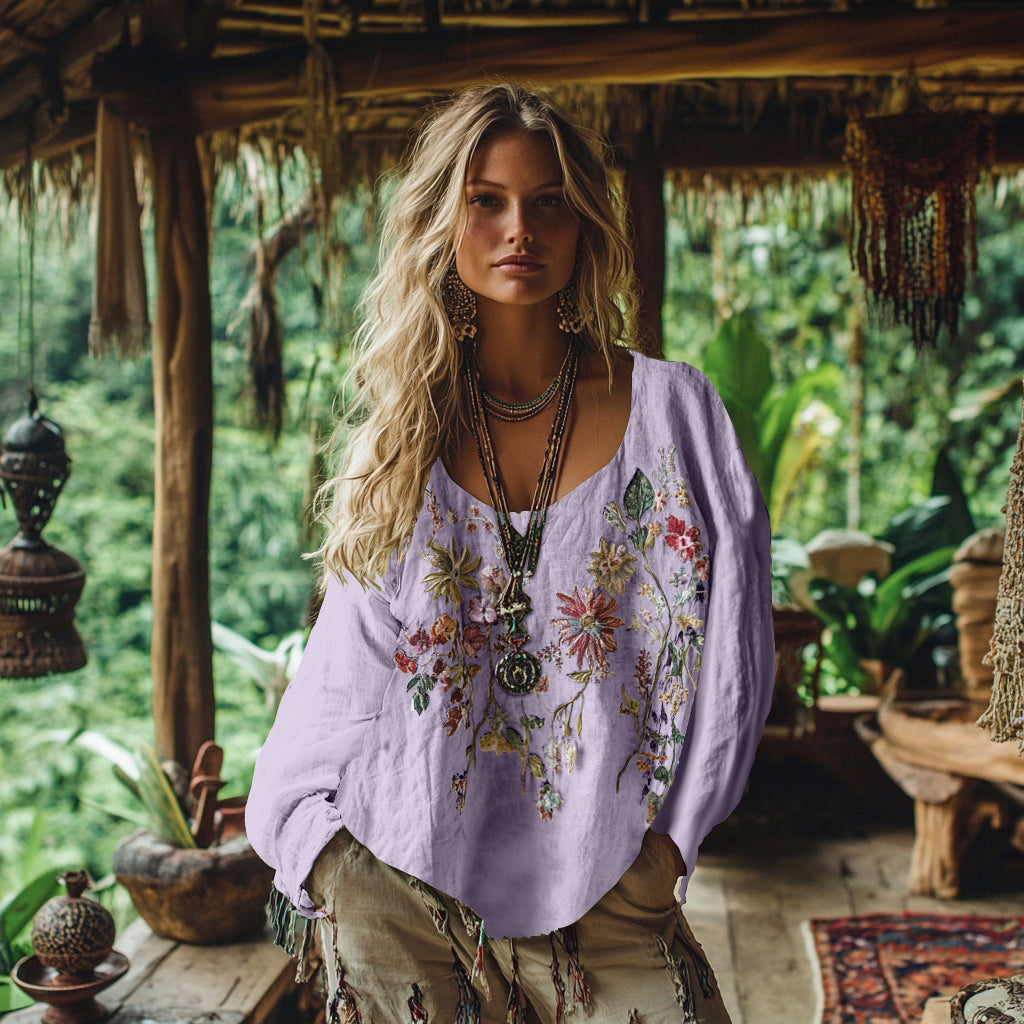 Retro Bohemian Floral Embroidery Art Graphics Cotton And Linen Blend Loose Blouse artswardrobe
