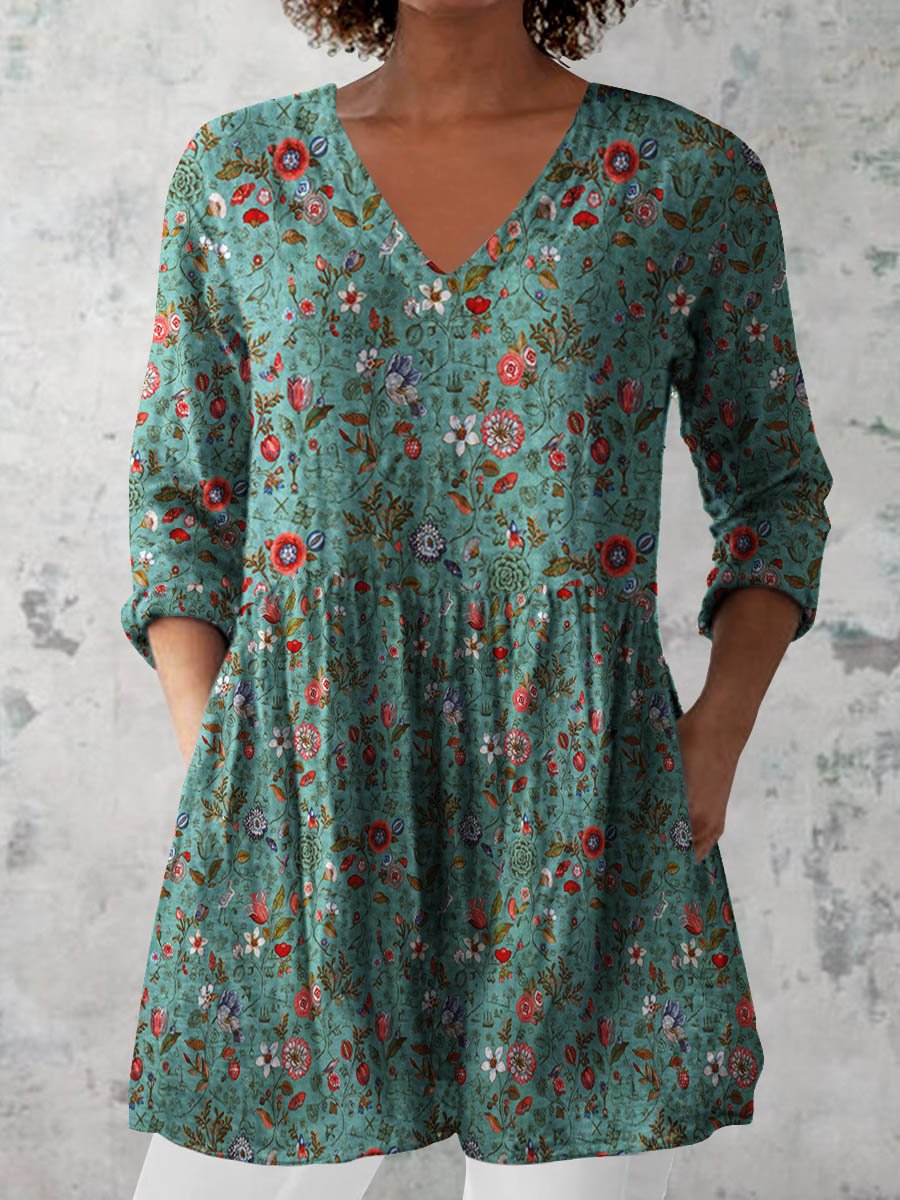 Women's Retro Floral Art Print Casual Cotton And Linen V-neck Top
