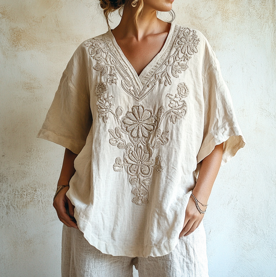 Comstylish Vintage Floral Lace Art Comfy V Neck T Shirt