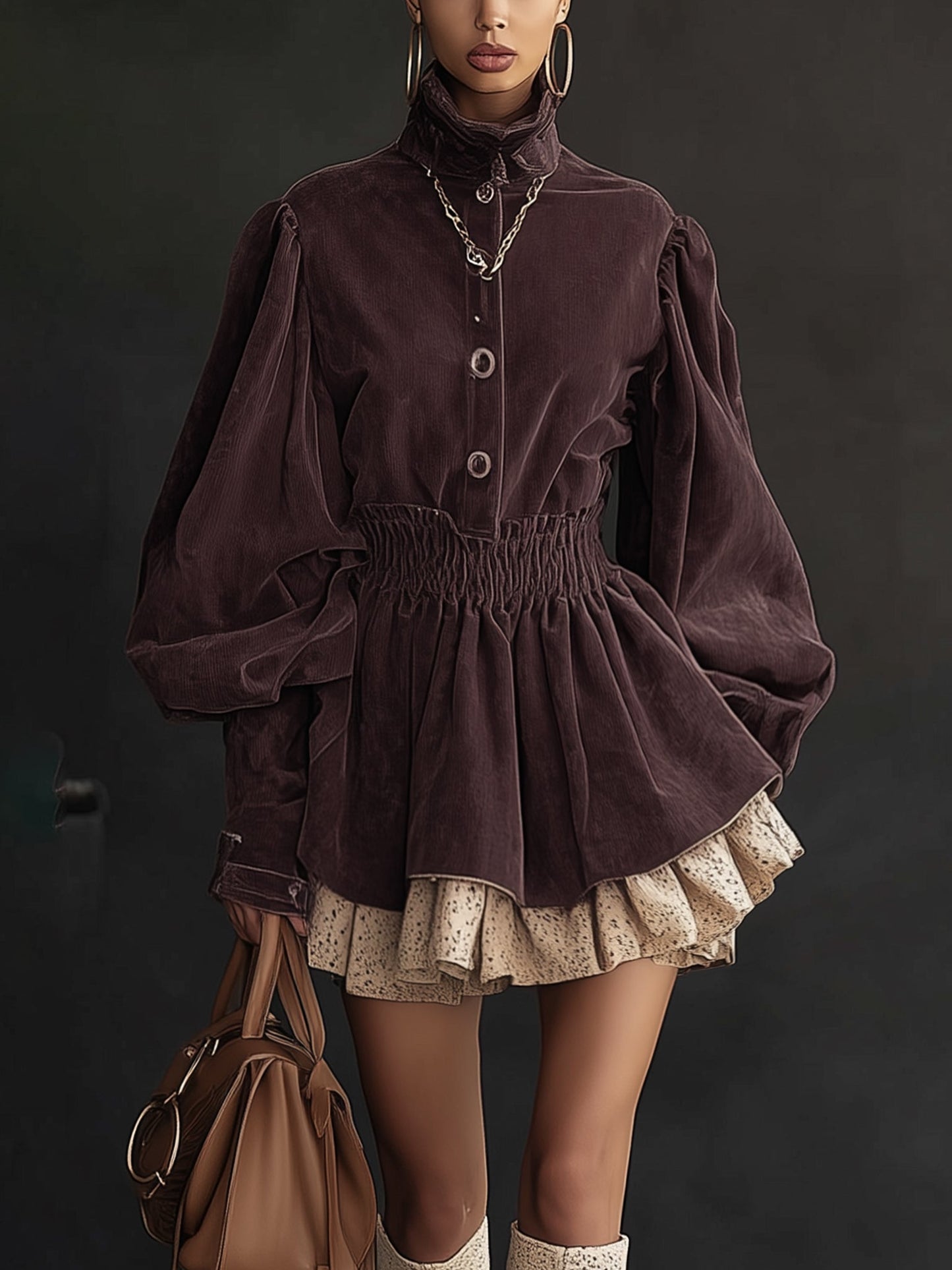 Dark Purple Velvet Lace Trimmed Turtleneck Long Sleeve Mini Dress