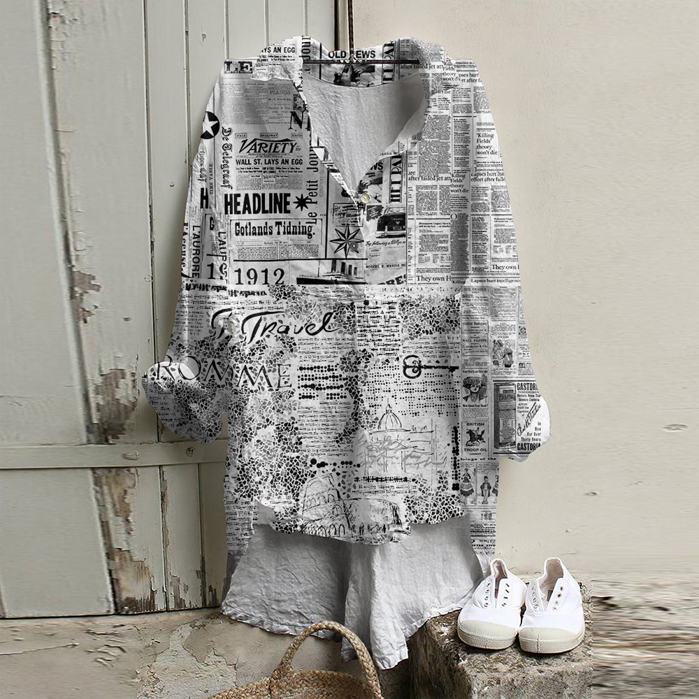 Comstylish Vintage Spliced old Newspaper Style Irregular Hem Shirt