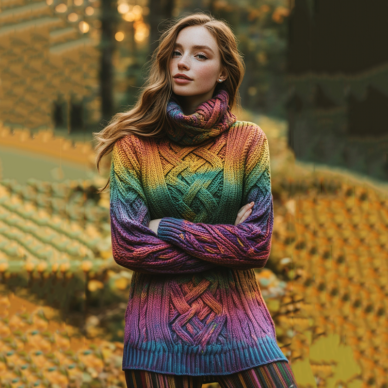 Retro Warmth Rainbow Celtic Knot Knitted Gradient Turtleneck Sweater artswardrobe