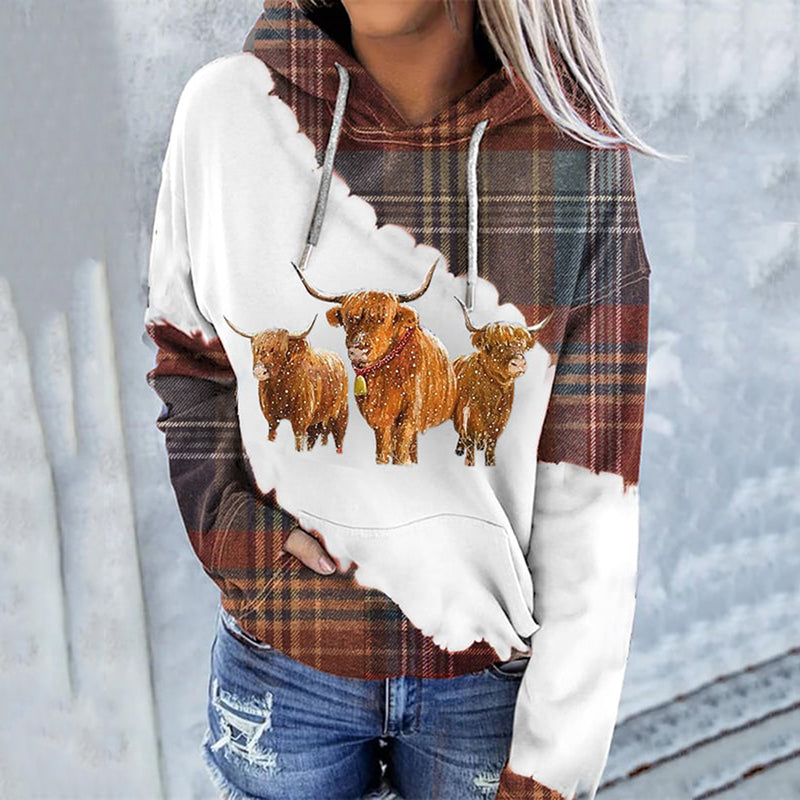 Comstylish Women's Western Highland Cow Plaid Print Long Sleeve Casual Hooded