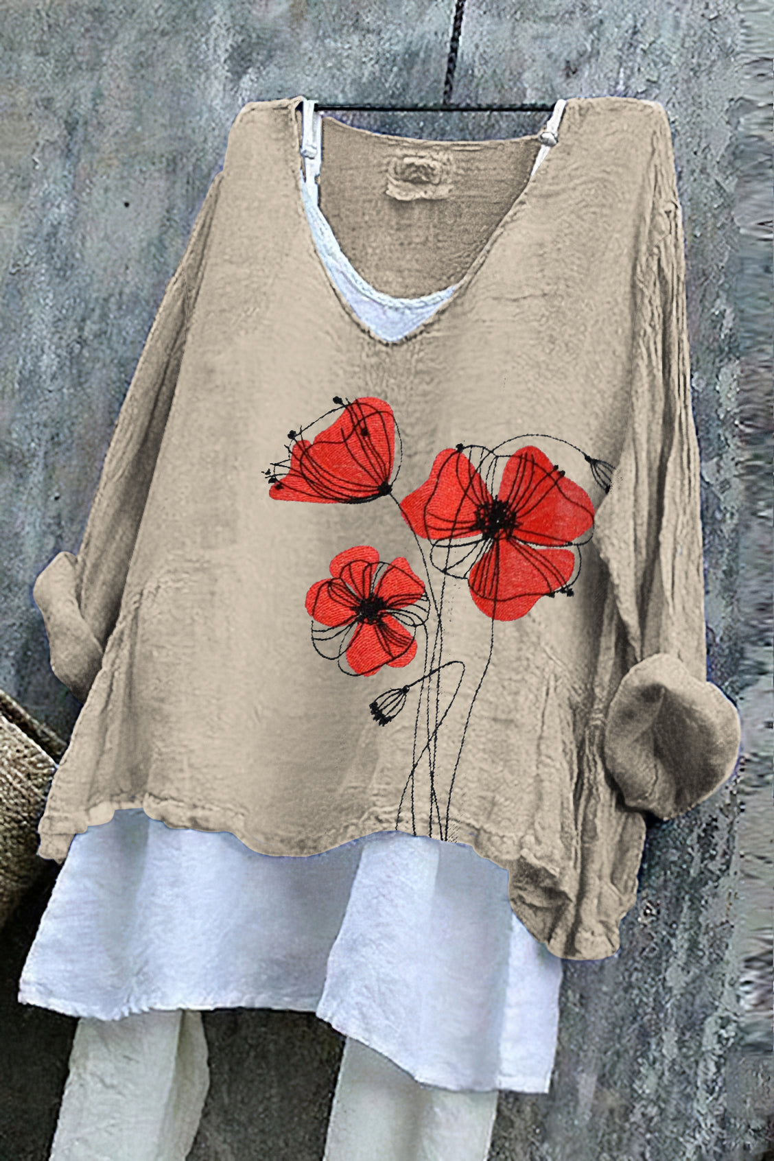 Comstylish Retro Flowers Embroidered Art Linen Tunic
