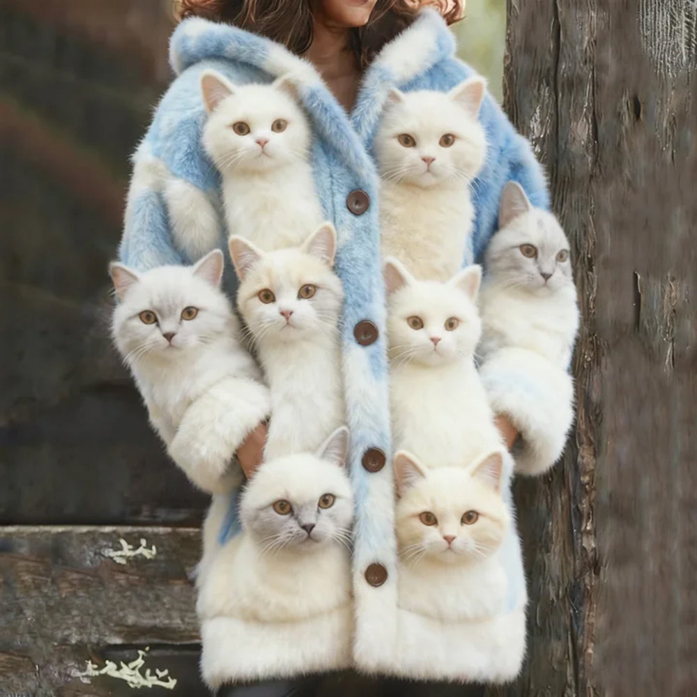 Comstylish Probe Cat Fleece Hooded Cardigan Long Sweater