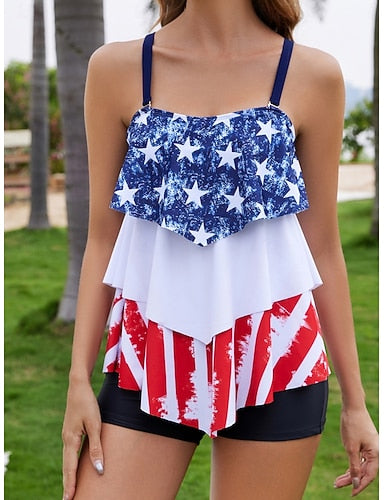 Swimwear Tankini 2 Piece Shorts Swimsuit Tummy Control High Waist Slim Backless Vacation Beach Wear Flag U Neck Sleeveless Bathing Suits