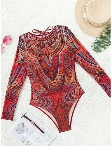 One Piece Swimsuit Slimming Cutout Monokini Tummy Control High Waist Slim Backless Vacation Graphic Geometic Round Neck Long Sleeve Bathing Suits