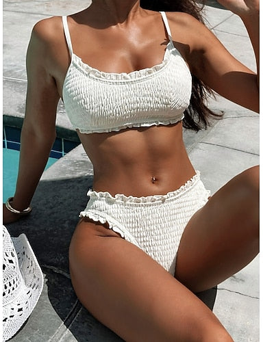 Bikini 2 Piece Swimsuit Thong Slim Backless Vacation Beach Wear Color Scoop Neck Sleeveless Bathing Suits
