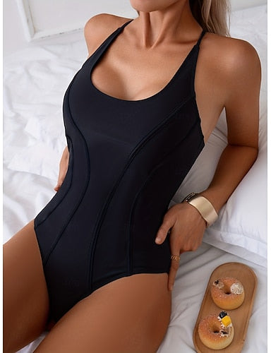 One Piece Swimsuit Slimming Monokini Briefs Mesh Tummy Control High Waist Slim Backless Vacation Color Halter Neck Sleeveless Bathing Suits