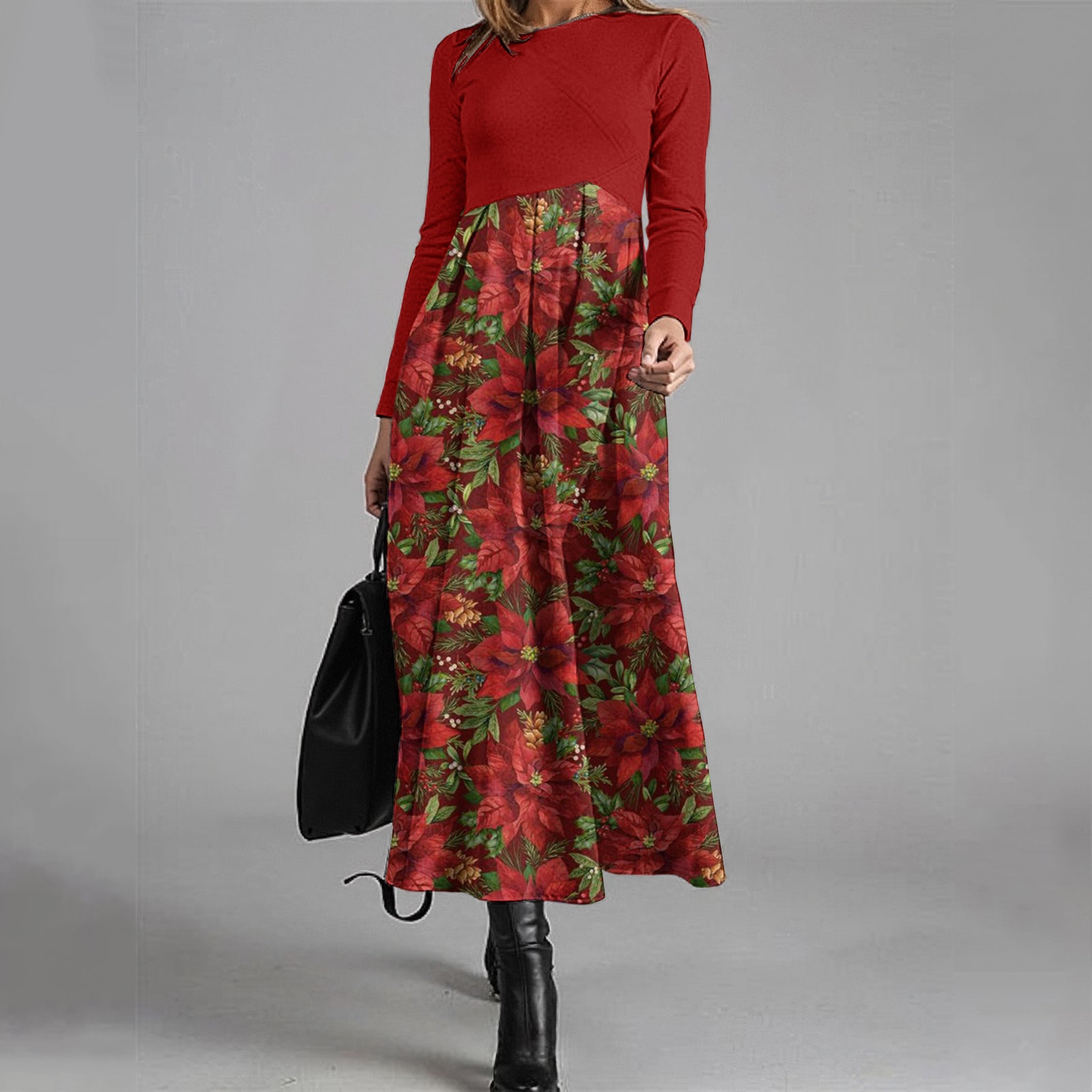 Elegant Floral Print Crew Neck Midi Dress elevenforest