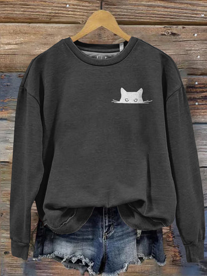 Women's Embroidered Black Cat Print Sweatshirt elevenforest