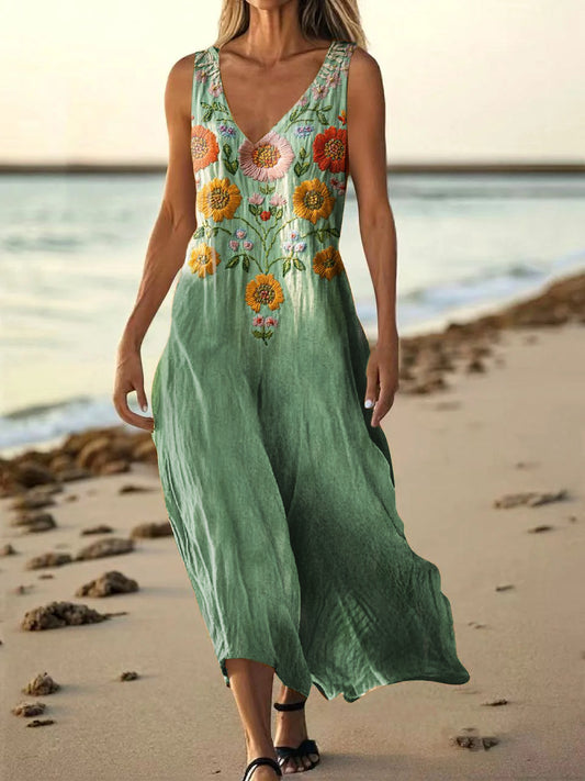 Women's Bohemian Floral Art Print Pocket Cotton Dress