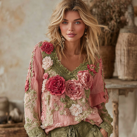Women's Vintage Floral Art V-neck Shirt artswardrobe