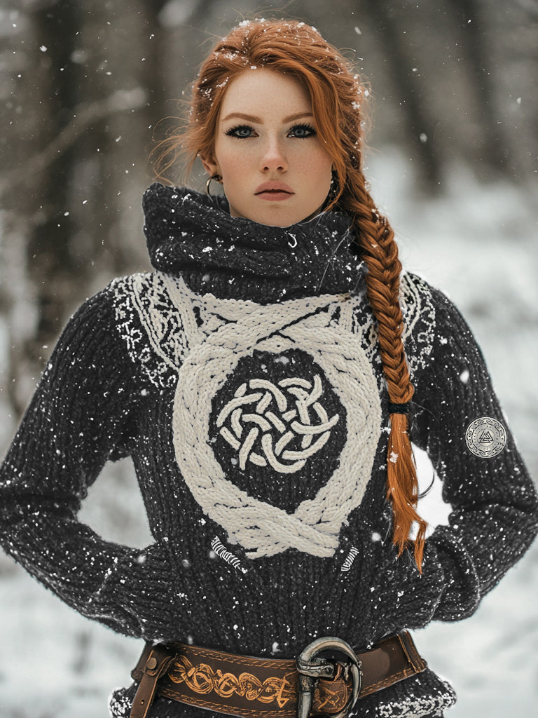 Women's Viking Tribal Jacquard Celtic Inspired Chunky Knit Hooded Sweater elevenforest