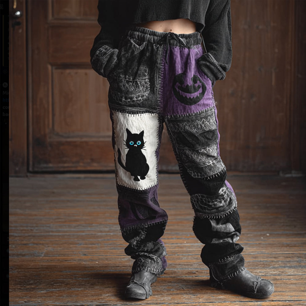 Comstylish Women's Vintage Dark Cat-patterned Vintage Patchwork Pants