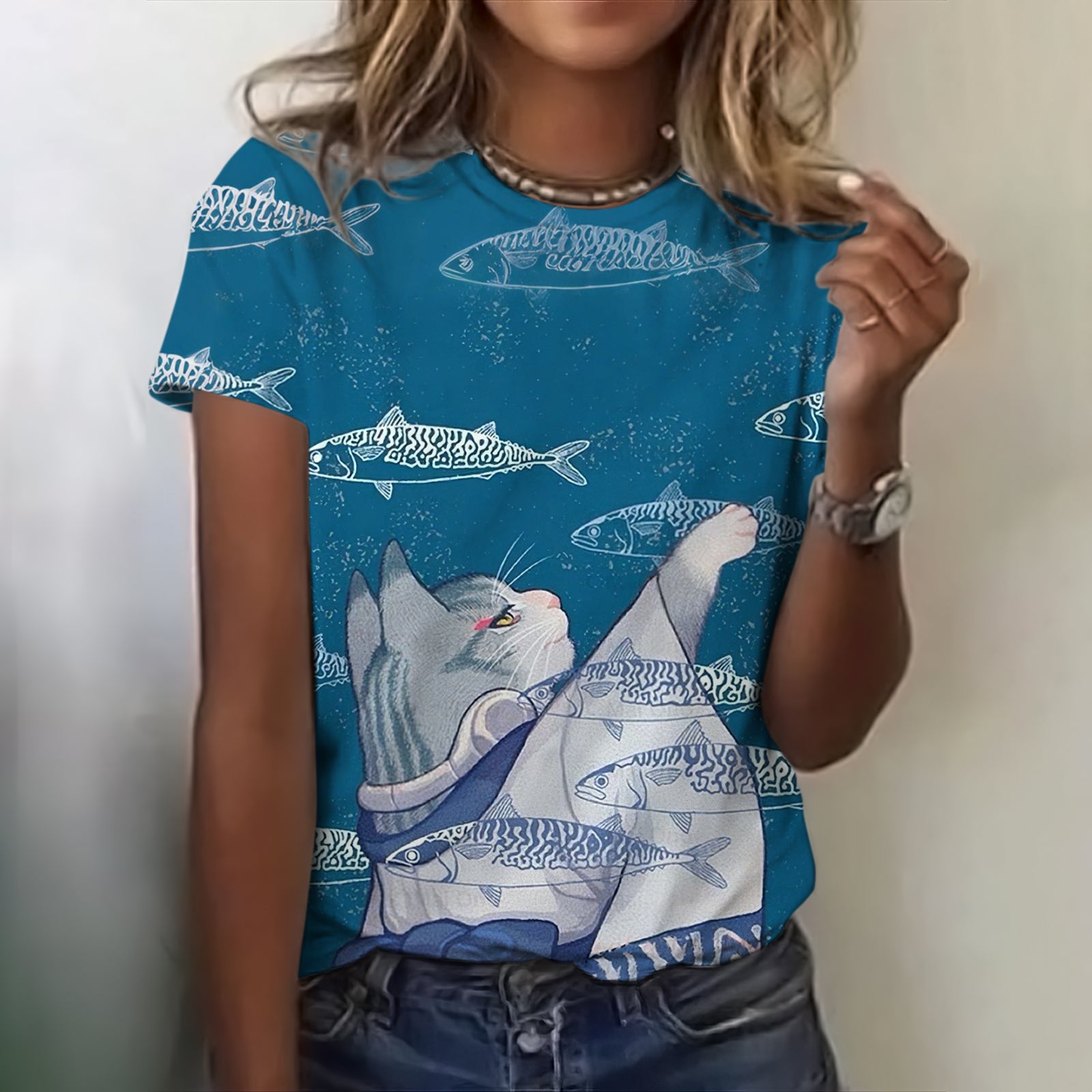 Comstylish Funny Fish And Cat Wearing Kimono T-shirt