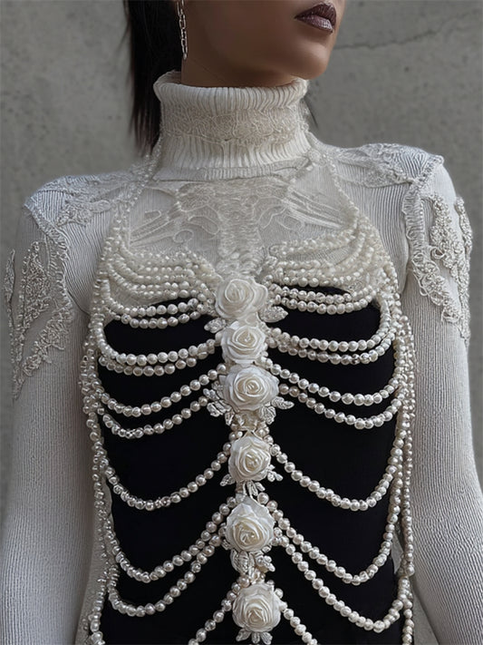 Comstylish Classy Roses Skeleton Pearls Lace Embroidered Turtleneck Sweater