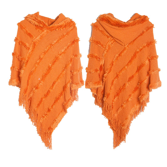 Vintage Solid Fringed Hooded Sweater Pullover Shawl elevenforest