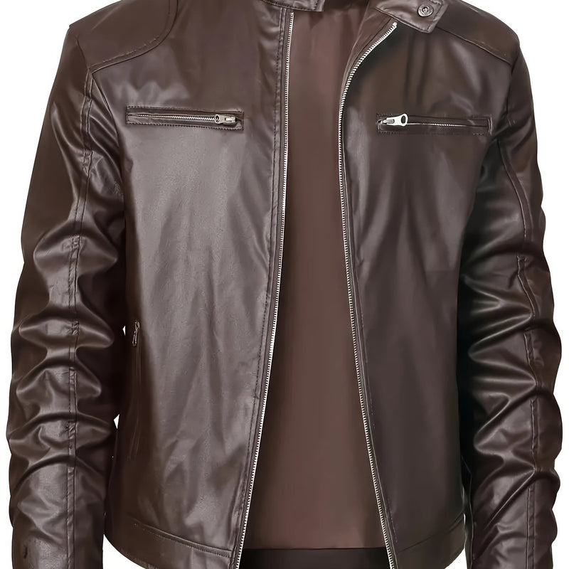 LM | Stylish PU leather jacket with color blocks and multi-zip design