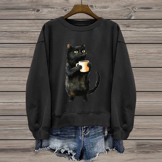 Women's Cute Black Cat Print Casual Sweatshirt elevenforest