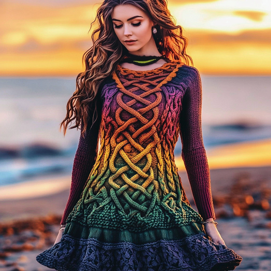 Women's Irish Rainbow Pattern Jacquard Comfortable Round Neck Swing Dress artswardrobe