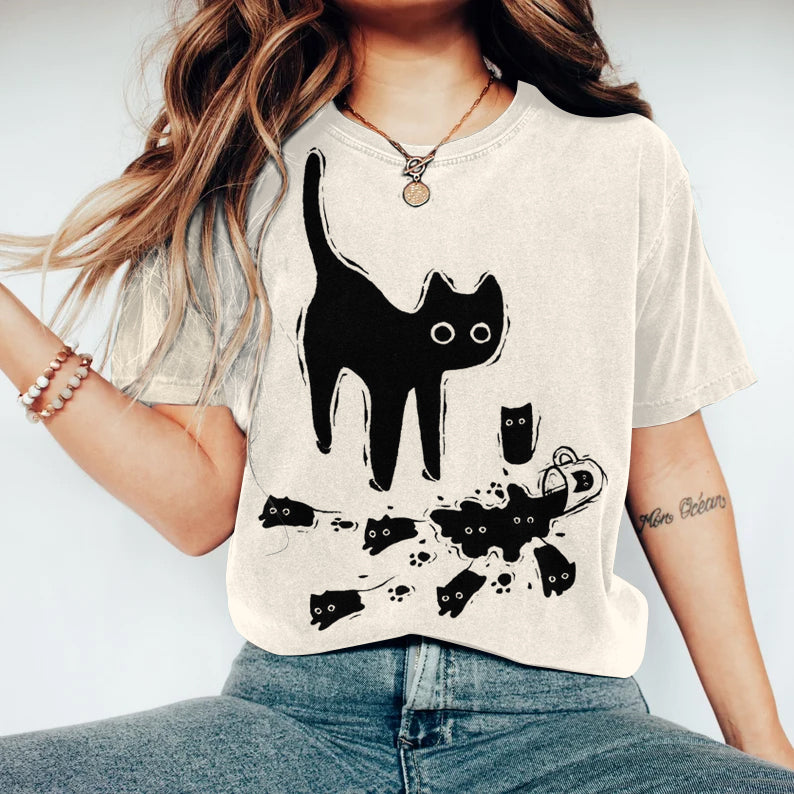 Comstylish Women's Abstract Creative Cute Black Cat Art Print T-shirt