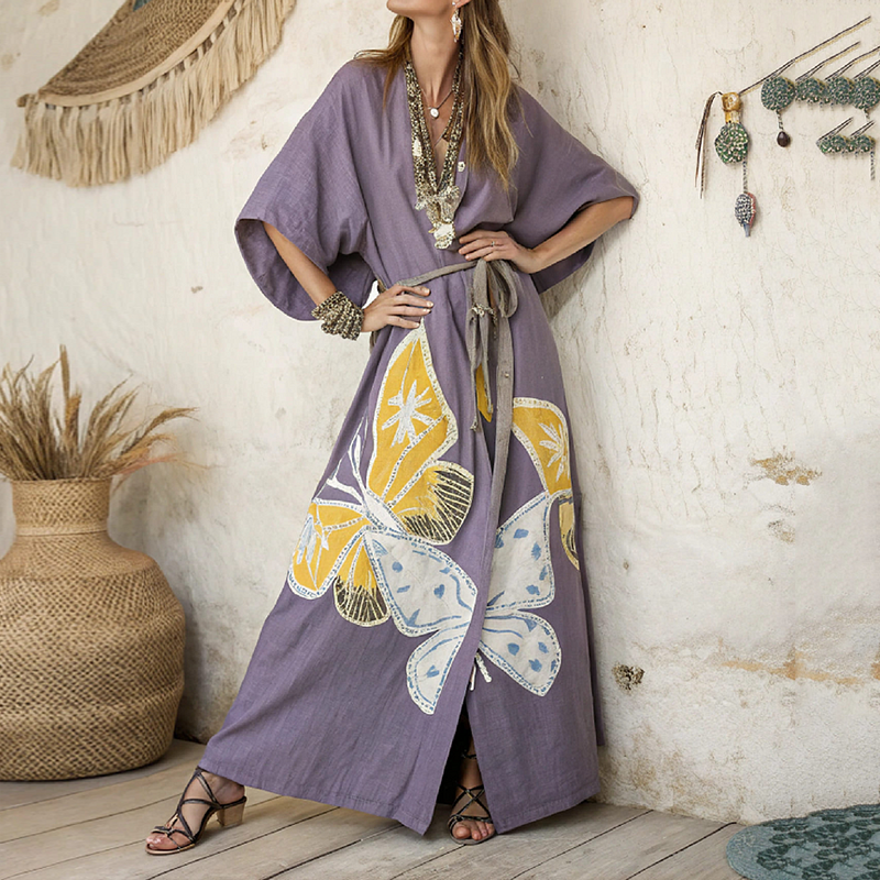 Women's Butterfly Art  Linen V-neck Robe artswardrobe