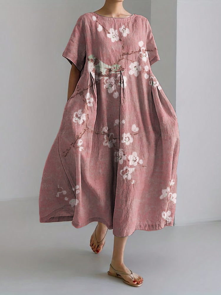 Comstylish Bird on Plum Blossom Branches Japanese Linen Blend Maxi Dress