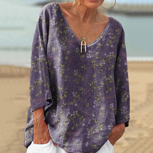 Vintage Floral Print V-neck Linen Blend T-shirt artswardrobe