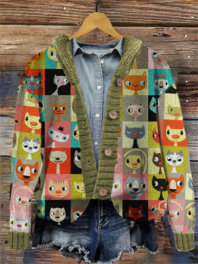 Colorful Cute Cats Embroidered Hooded Cardigan artswardrobe