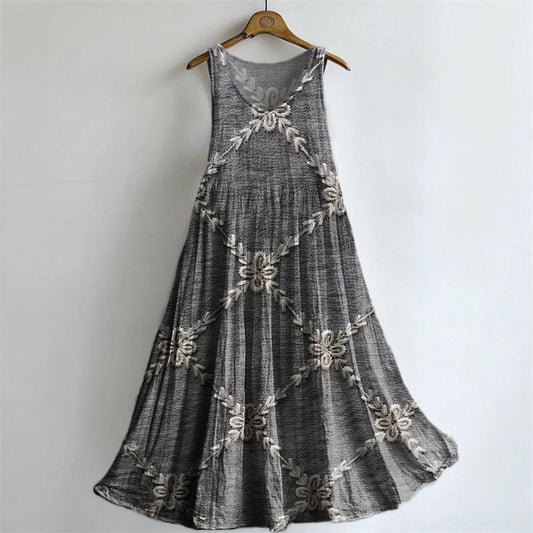 Women's Vintage Ethnic Floral Art Print Crew Neck Sleeveless Cotton Po