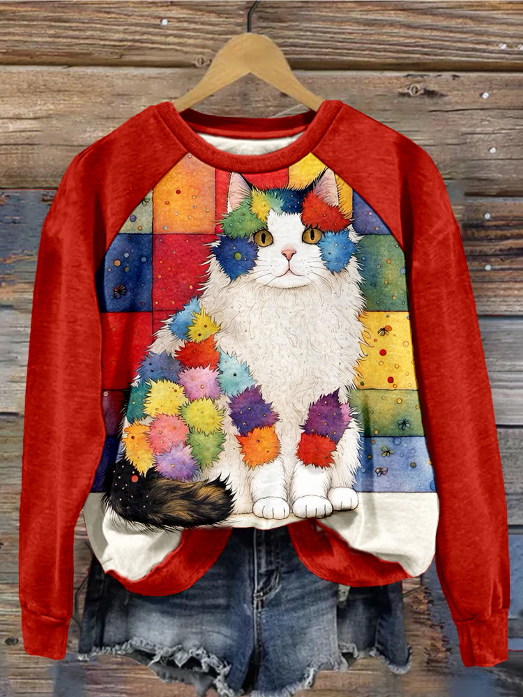 Whimsical Patchwork Cat Art Contrast Washed Sweatshirt elevenforest