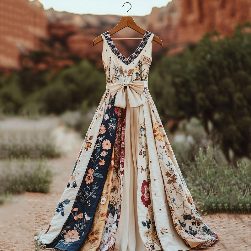 Vintage Floral Patchwork Art Linen Tank Midi Dress artswardrobe