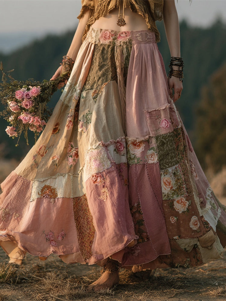 Vintage Boho Floral Patchwork Art Women's Flowing Maxi Dress artswardrobe