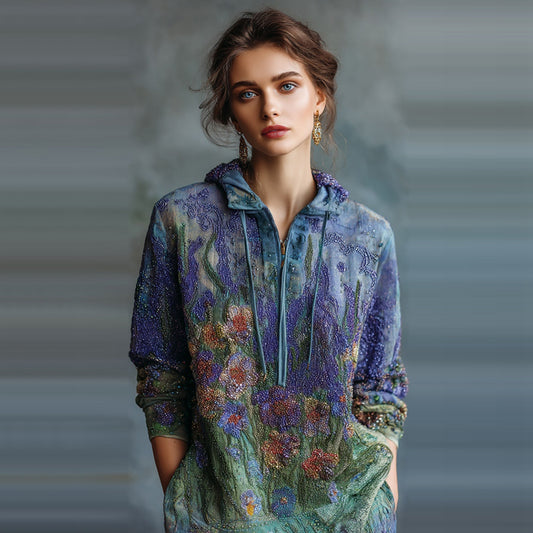 Women's Oil Painting Floral Contrast Color Sequined Zipper Hoodie artswardrobe