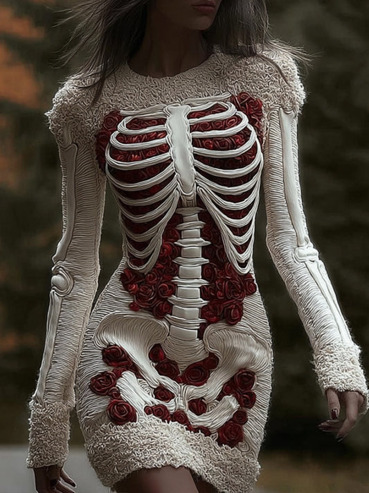Women's Halloween Skeleton Rose Art Round Neck Mini Skirt artswardrobe