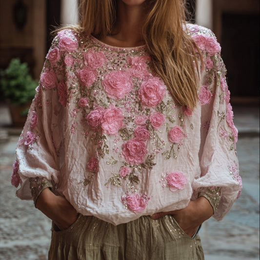Comstylish Ladies' Embroidered Flower Vintage Casual V-neck Long-sleeved Top