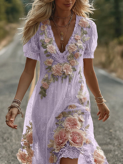 Women's Vintage Floral Embroidery V Neck Casual Midi Dress artswardrobe