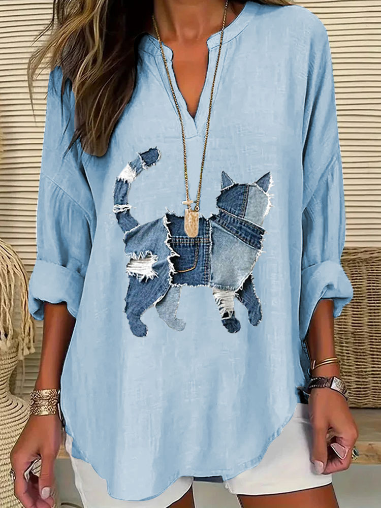 Women's Casual Funny Denim Cat Print T-shirt elevenforest