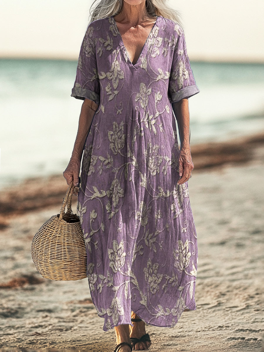Women's Vintage Floral Art Pattern Print Pocket V-neck Cotton Dress