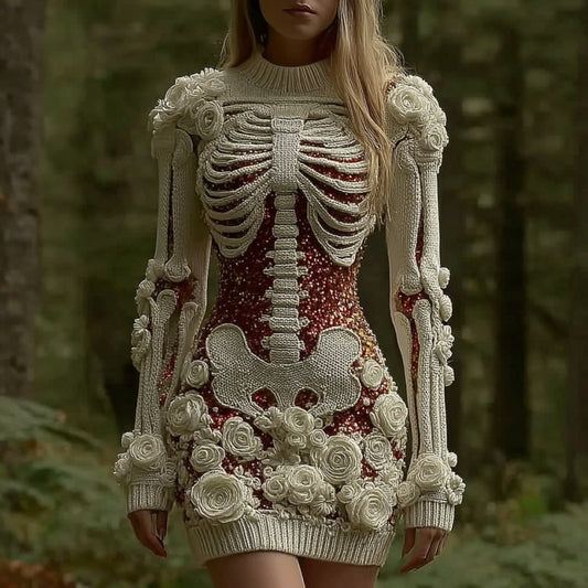 Comstylish Women's Vintage Halloween Skeleton Bones Rose Art Cozy Knit Mini Sweater Dress