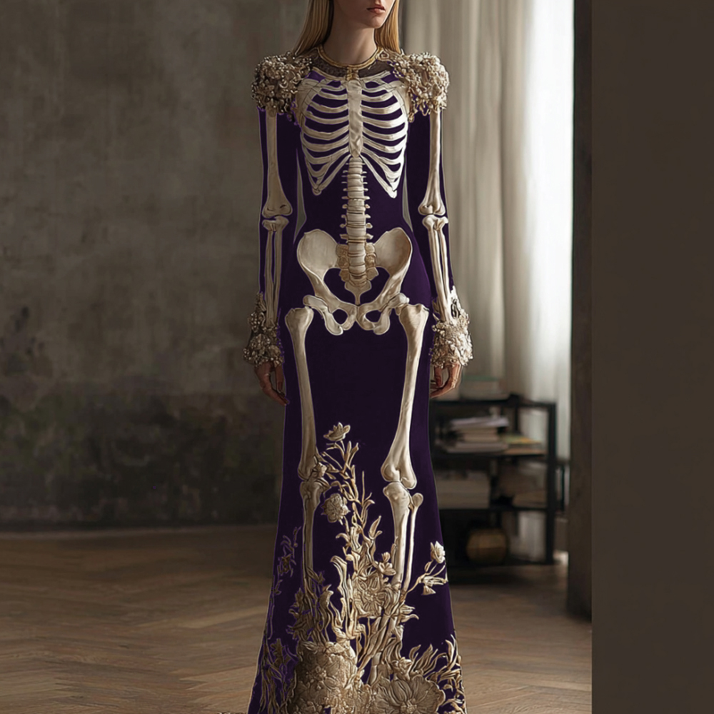 Comstylish Women's Halloween Retro Anatomy Art And Flower Gothic Velvet Long Dress