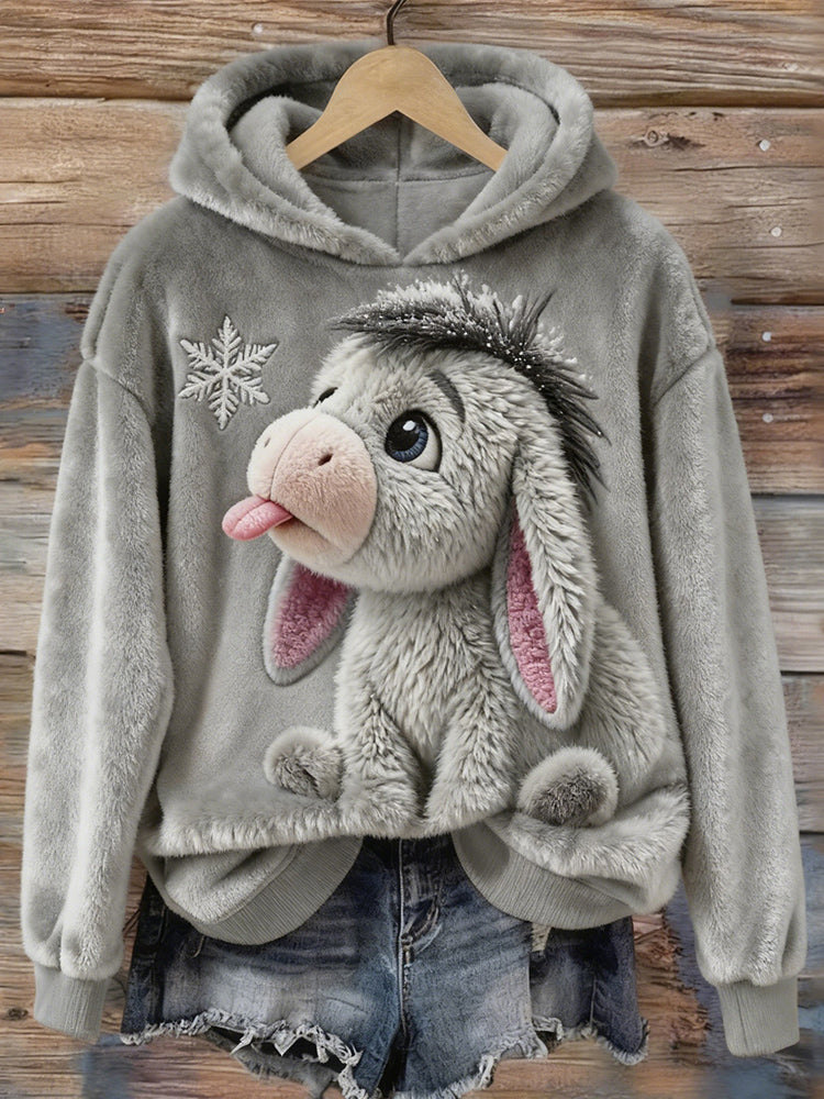 Cute Baby Donkey & Snowflake Embroidered Cozy Plush Hoodie