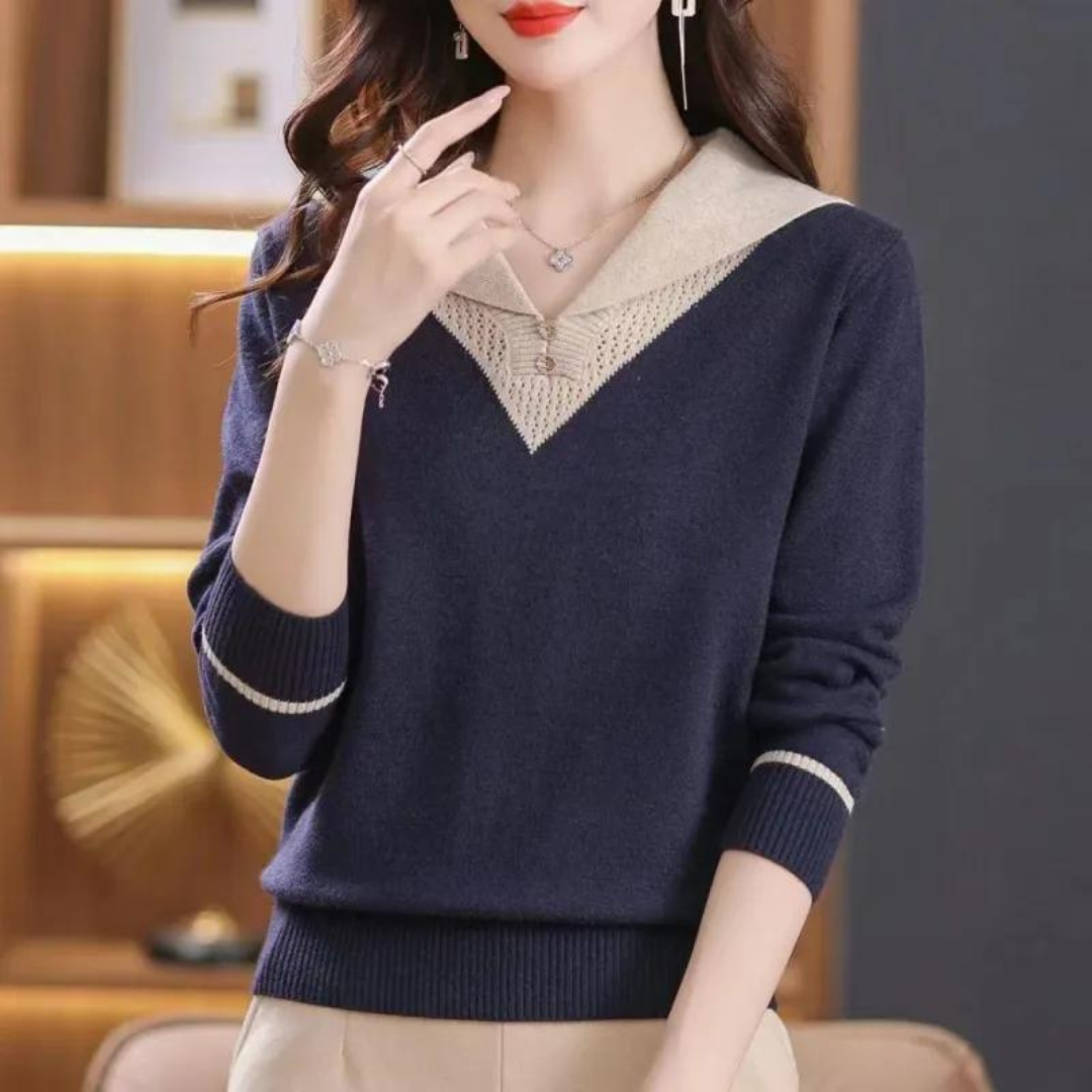 Estrella® | Elegant women's V-neck sweater with unique patchwork accents