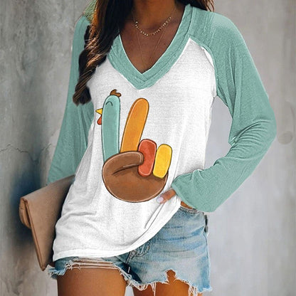 Women's Thanksgiving Peace Turkey Print V-Neck T-Shirt artswardrobe