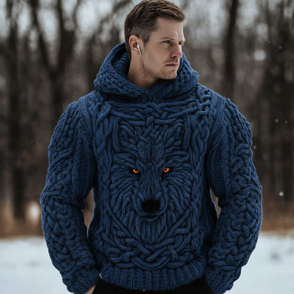 Men's Viking Celtic Wolf Knit Chunky Hooded Sweater artswardrobe