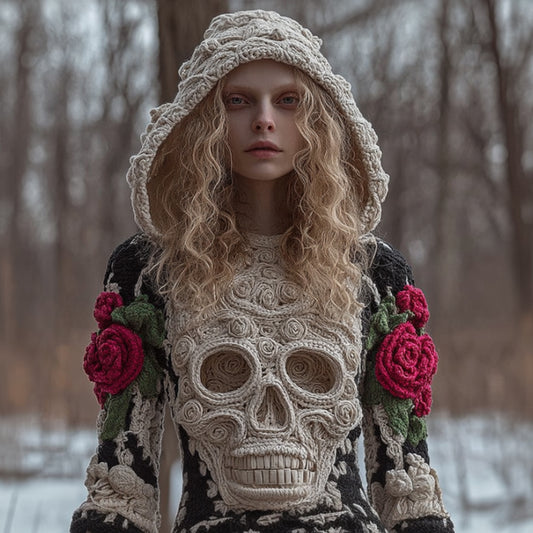 Women Halloween Vintage Scarlet Rose White Skull Crochet Hooded Sweater elevenforest