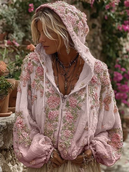 Comstylish Bohemian Style Pink Rose Vintage Zip-up Hoodie