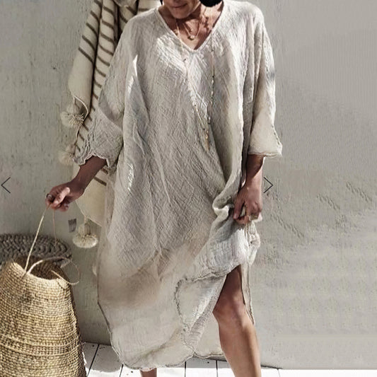 Vintage V Neck Cotton Linen Maxi Dress artswardrobe