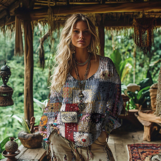 Retro Bohemian Resort Patchwork Art Print Cotton And Linen Blend Loose Blouse artswardrobe
